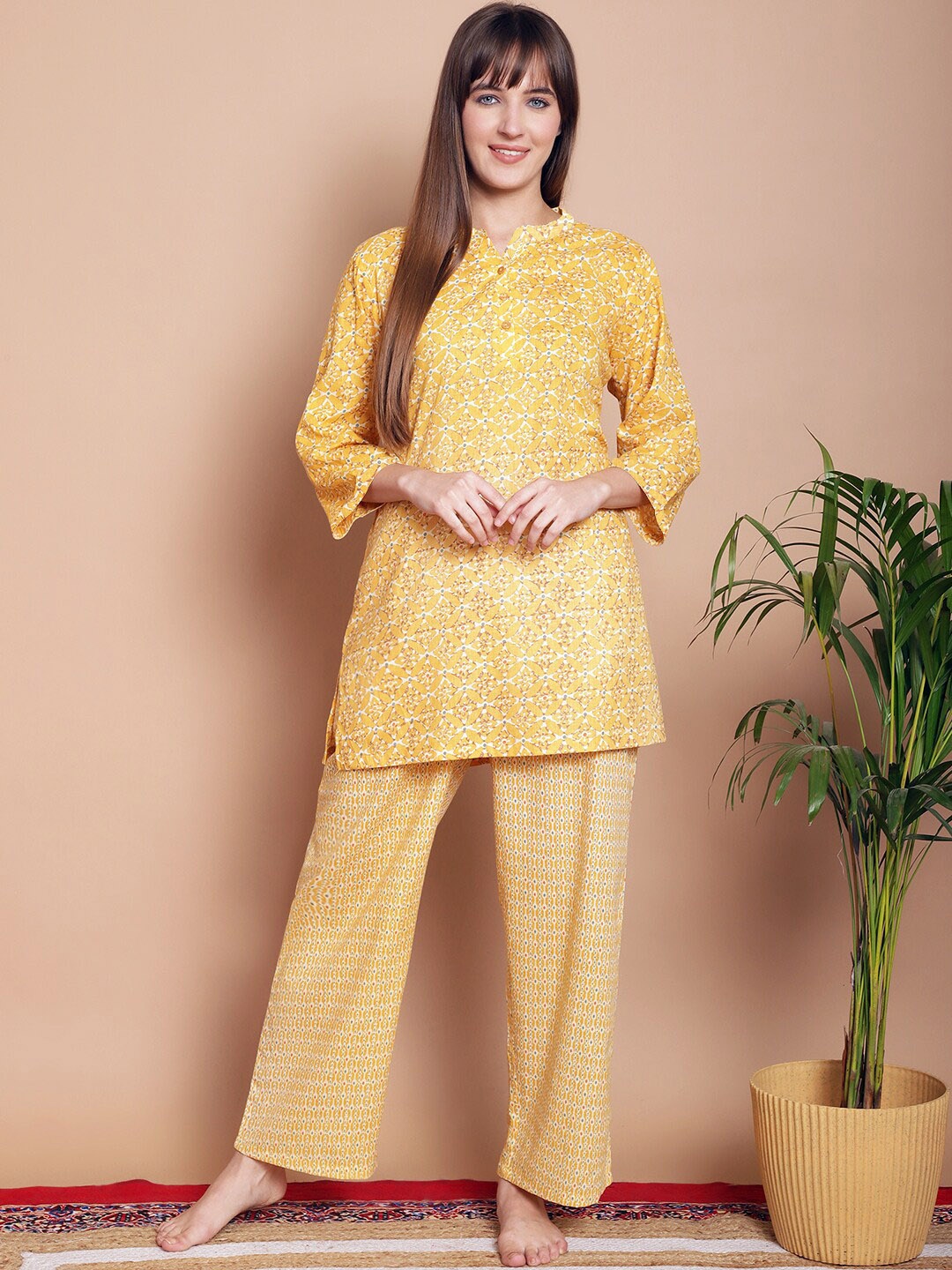 

Kanvin Ethnic Motifs Printed Mandarin Collar Pure Cotton Kurti With Pyjamas, Yellow