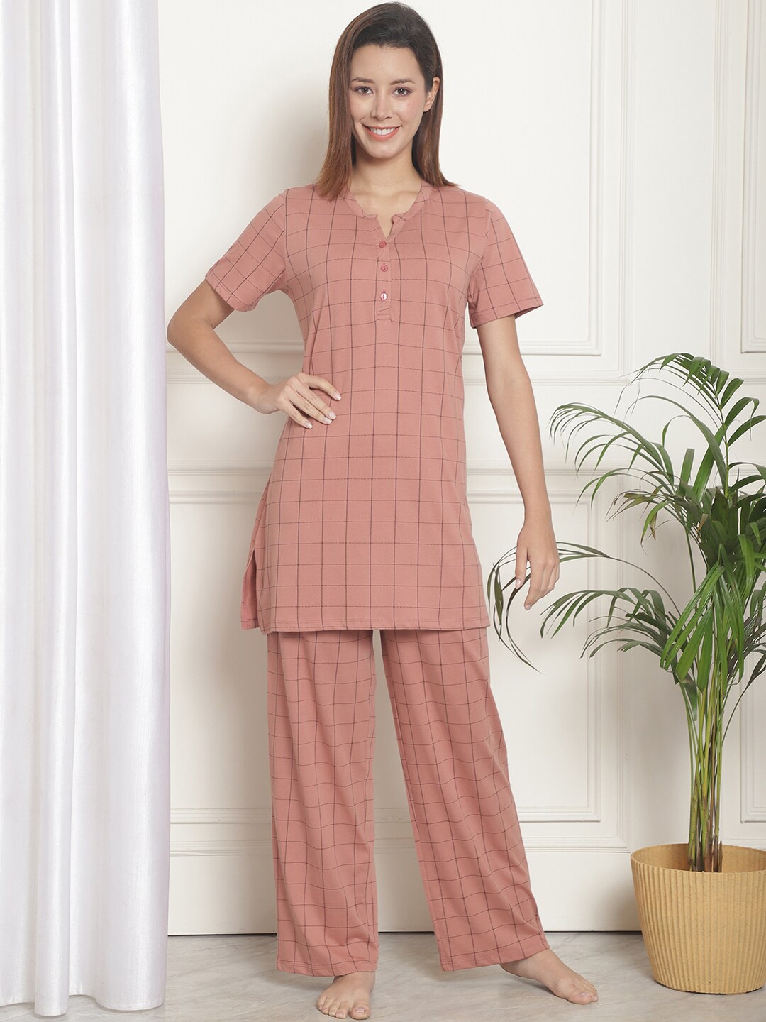 

Kanvin Checked Pure Cotton Night suit, Peach