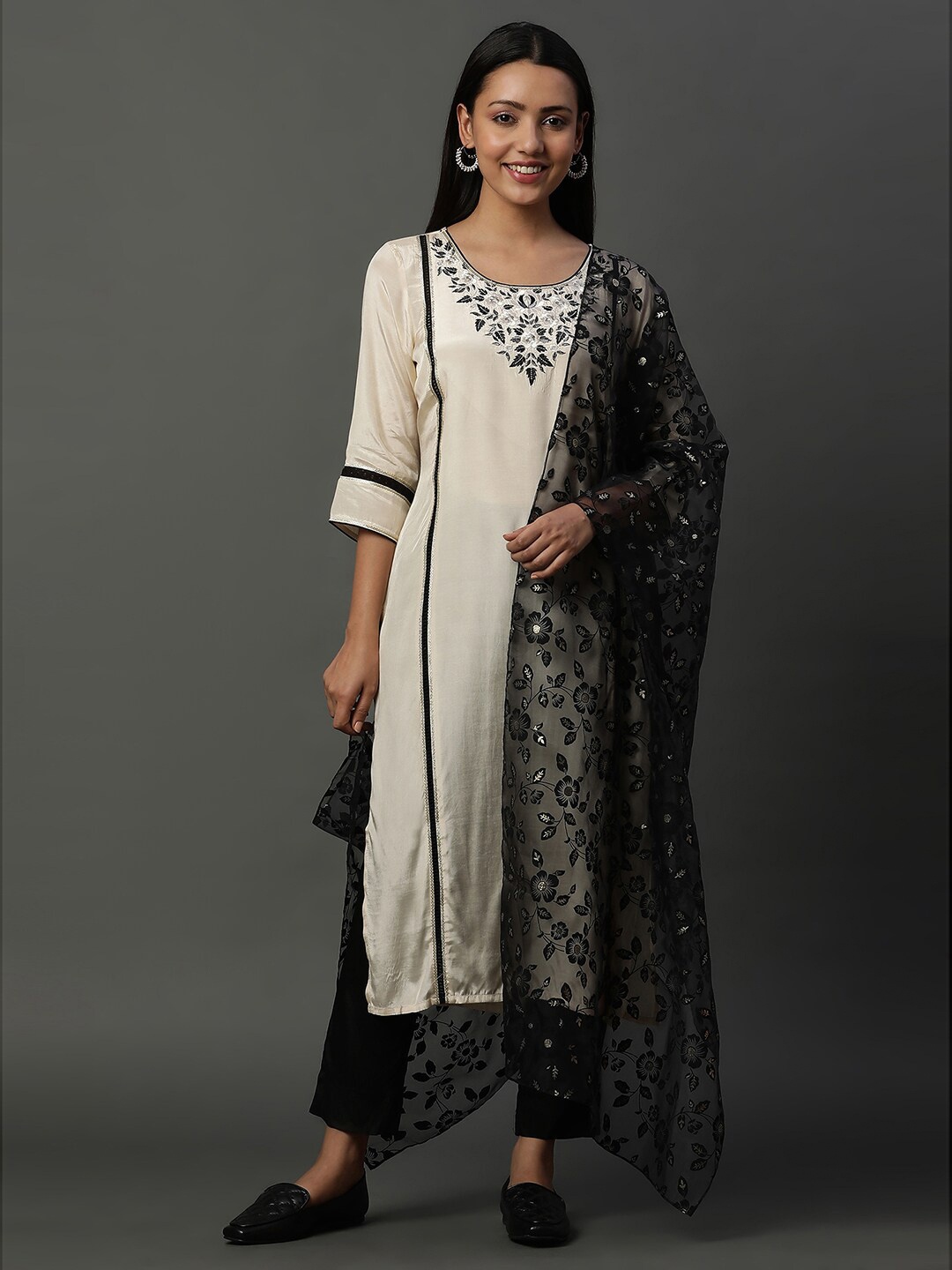 

AURELIA Floral Printed Dupatta, Black