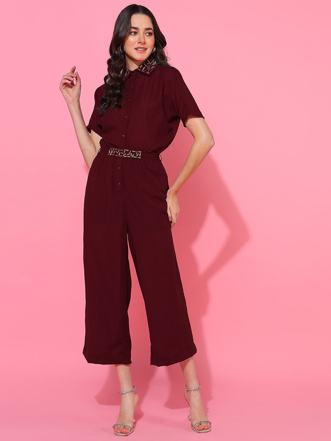 

Mast & Harbour Embellished Shirt Collar Basic Jumpsuit, Maroon