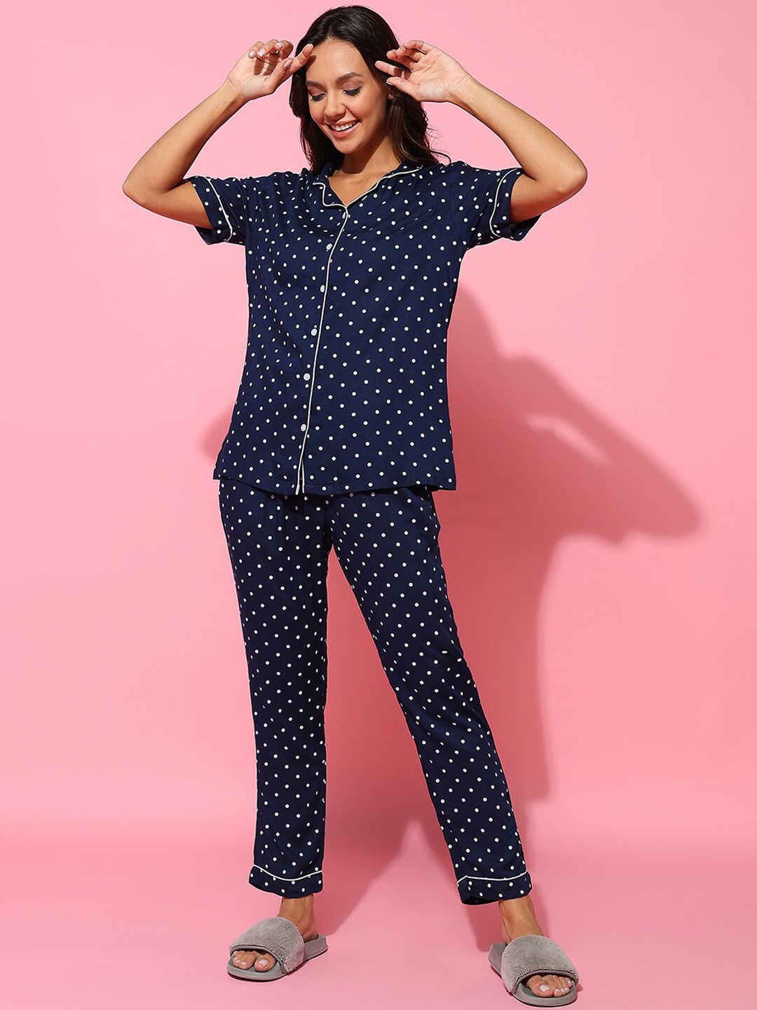 

Mast & Harbour Polka Dot Printed Lapel Collar Night Suit, Navy blue