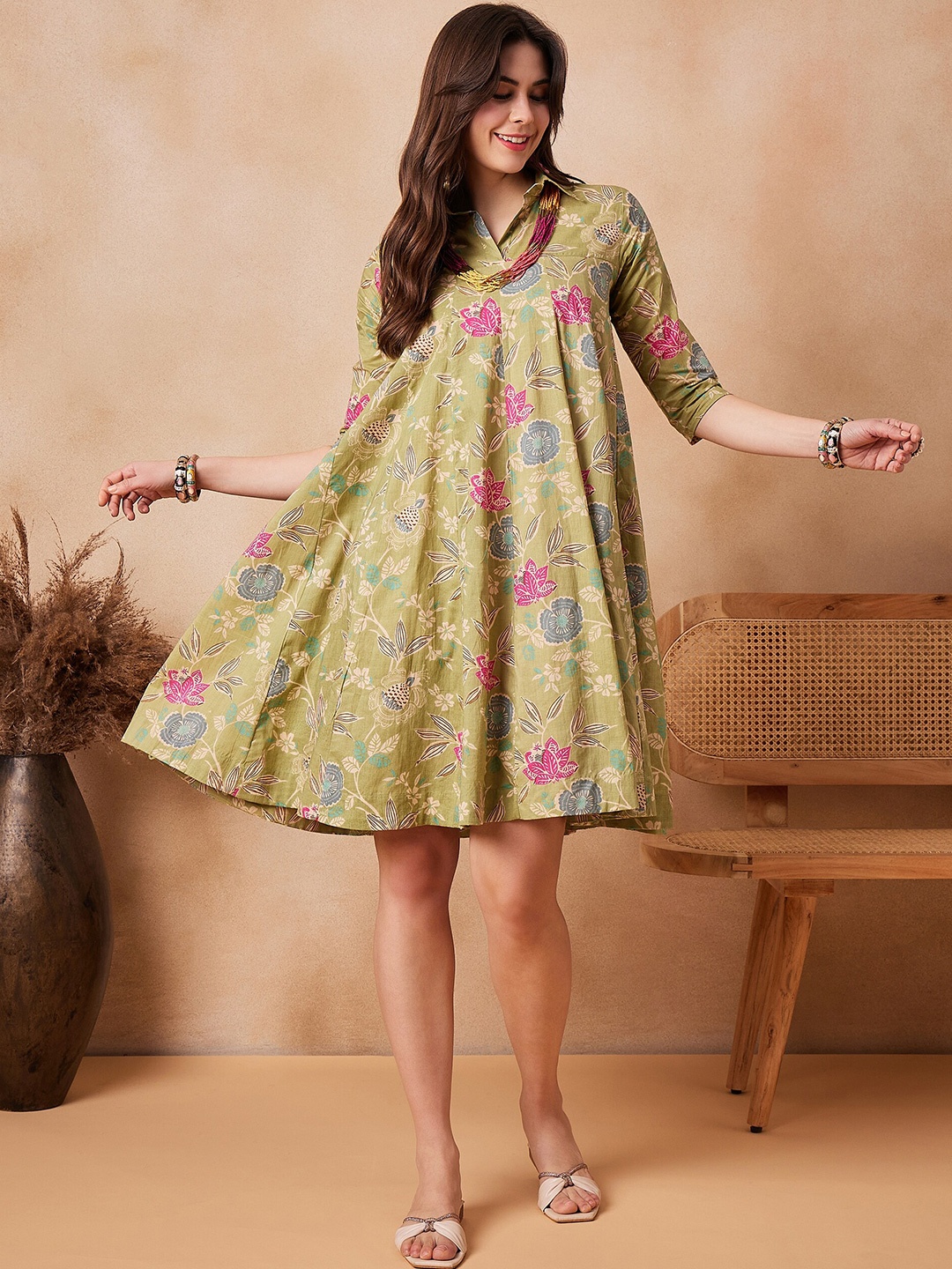 

InWeave Floral Printed Shirt Collar Cotton Fit & Flare Dress, Lime green