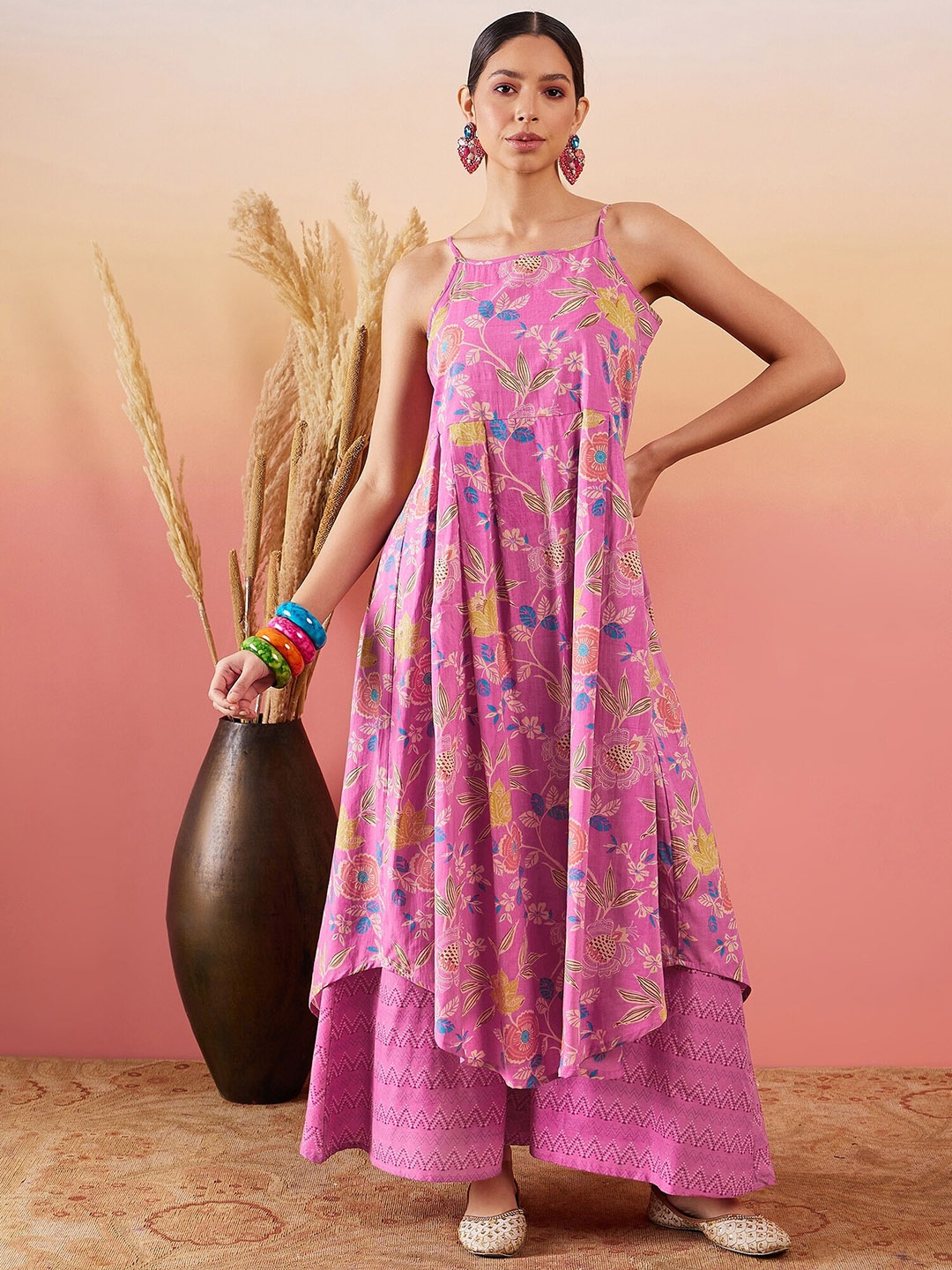 

InWeave Floral Printed Empire Pure Cotton Kurta With Palazzos, Pink