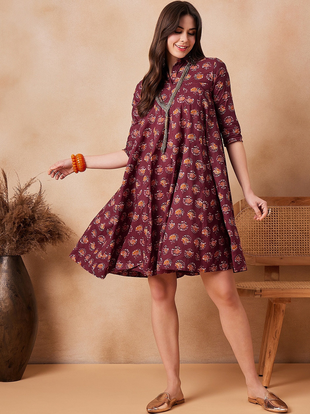 

InWeave Floral Printed Shirt Collar Cotton Fit & Flare Dress, Burgundy