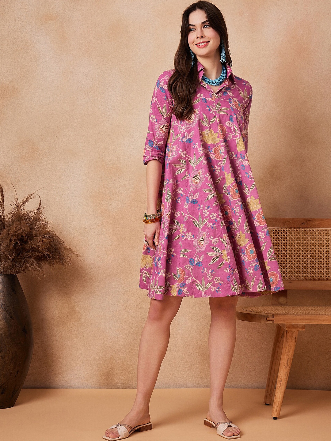 

InWeave Floral Printed Shirt Collar Cotton Fit & Flare Dress, Pink