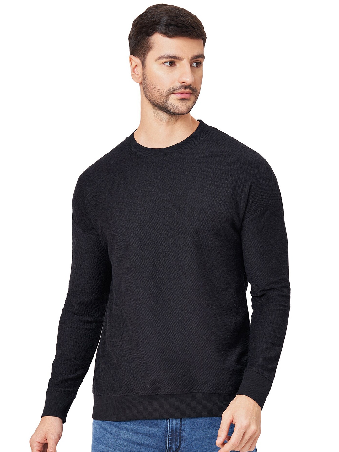 

ZU Waffle Knit Drop Shoulder Sleeves Pure Cotton Pullover Sweatshirt, Black