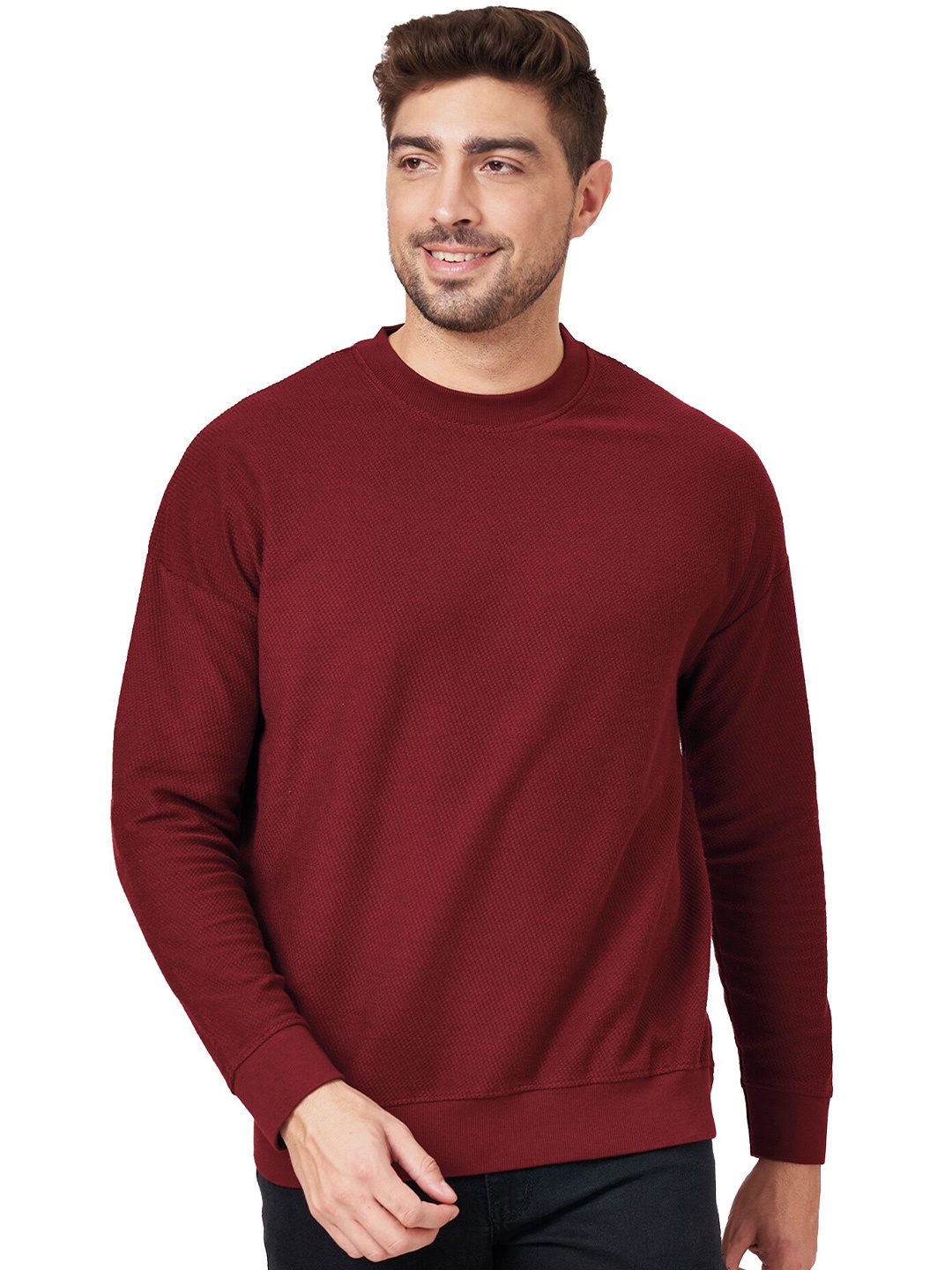 

ZU Waffle Knit Drop Shoulder Sleeves Pure Cotton Pullover Sweatshirt, Maroon