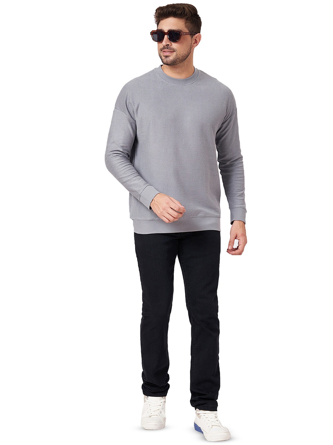 

ZU Waffle Knit Drop Shoulder Sleeves Pure Cotton Pullover Sweatshirt, Grey