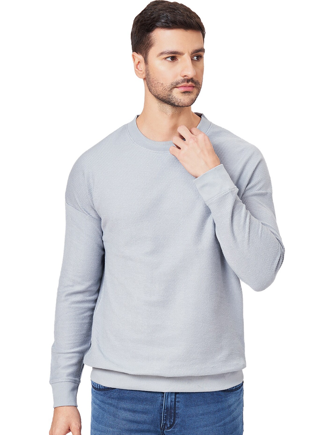 

ZU Waffle Knit Drop Shoulder Sleeves Pure Cotton Pullover Sweatshirt, Blue