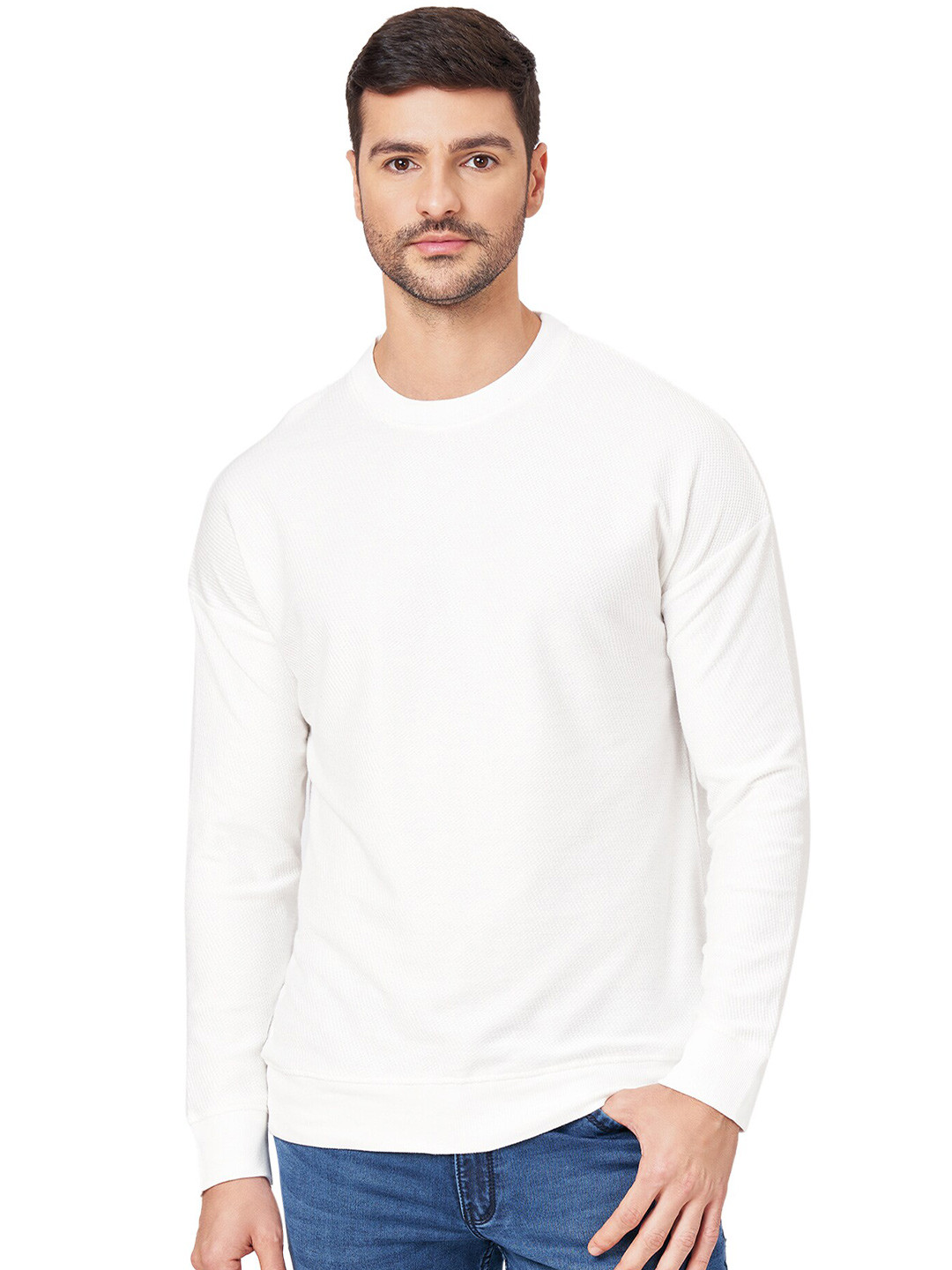 

ZU Waffle Knit Drop Shoulder Sleeves Pure Cotton Pullover Sweatshirt, White