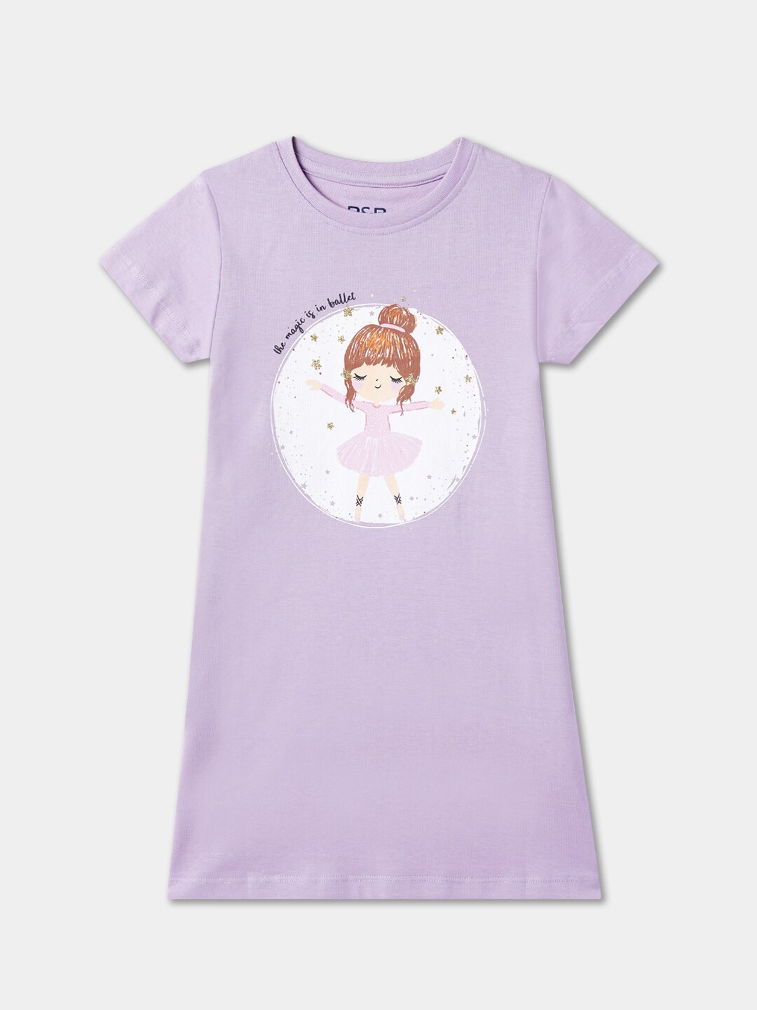 

R&B Girls Graphic Printed Round Neck Pure Cotton T-shirt Nightdress, Purple