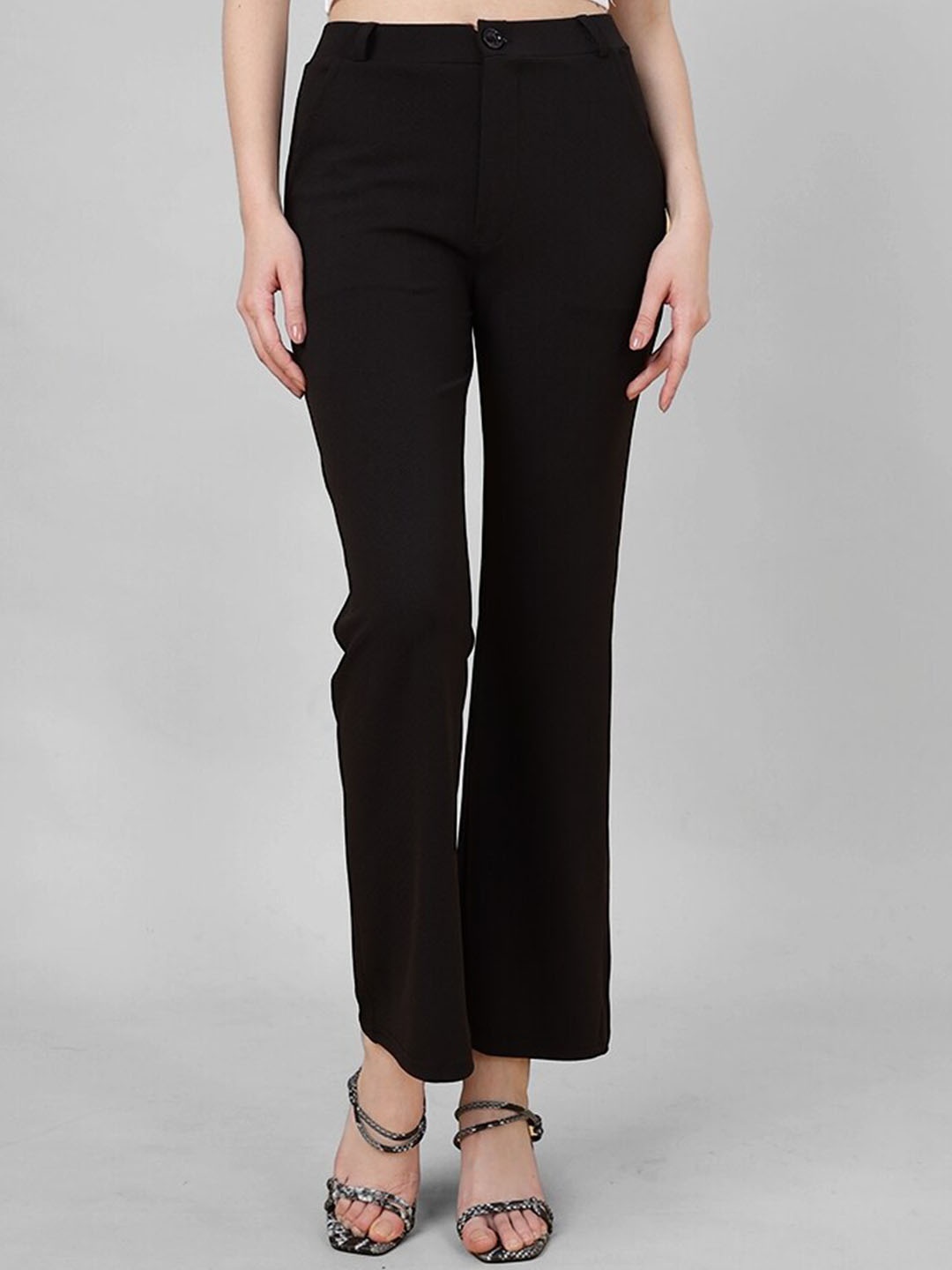 

FITHUB Women Flared High-Rise Cropped Cotton Formal Trousers, Black