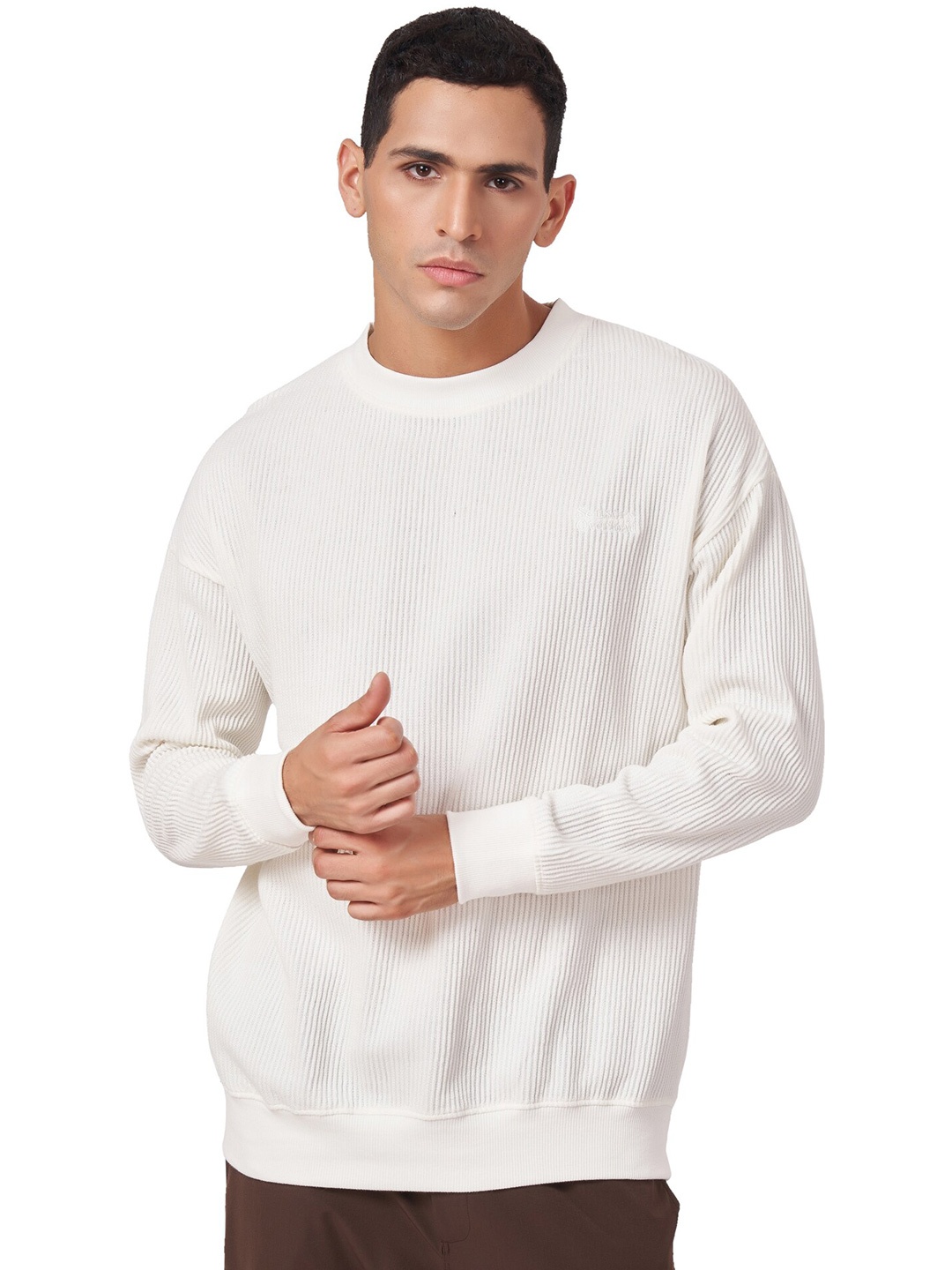 

ZU Buck Knit Drop Shoulder Sleeves Pure Cotton Pullover Sweatshirt, Off white