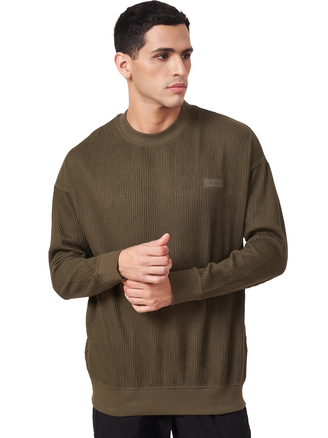 

ZU Self Design Pure Cotton Pullover Sweatshirt, Olive