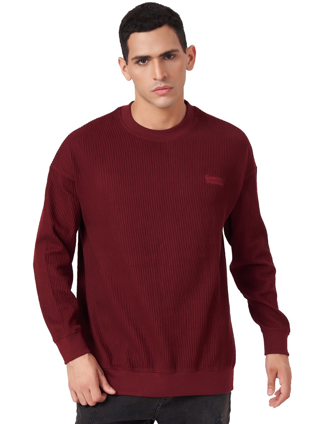 

ZU Buck Knit Drop Shoulder Sleeves Pure Cotton Pullover Sweatshirt, Maroon