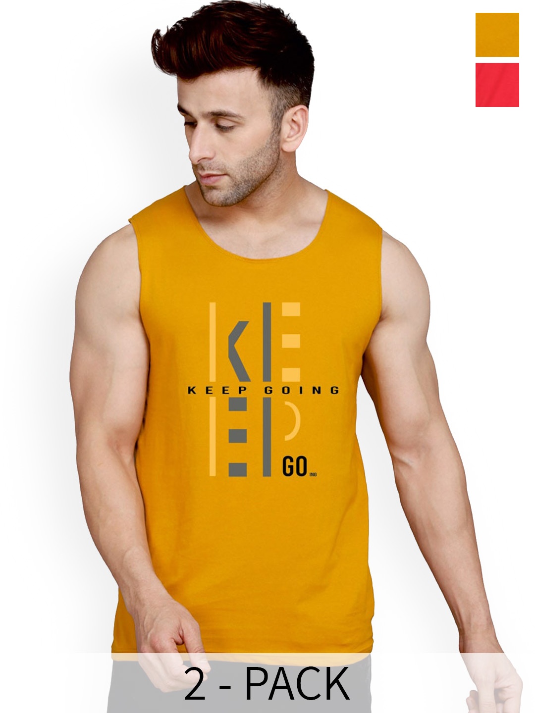 

SLOWLORIS Pack Of 2 Printed Bio-Washed Gym Vests SL26 ( MUSTARD KEEP ) ( BLACKRED FRD )