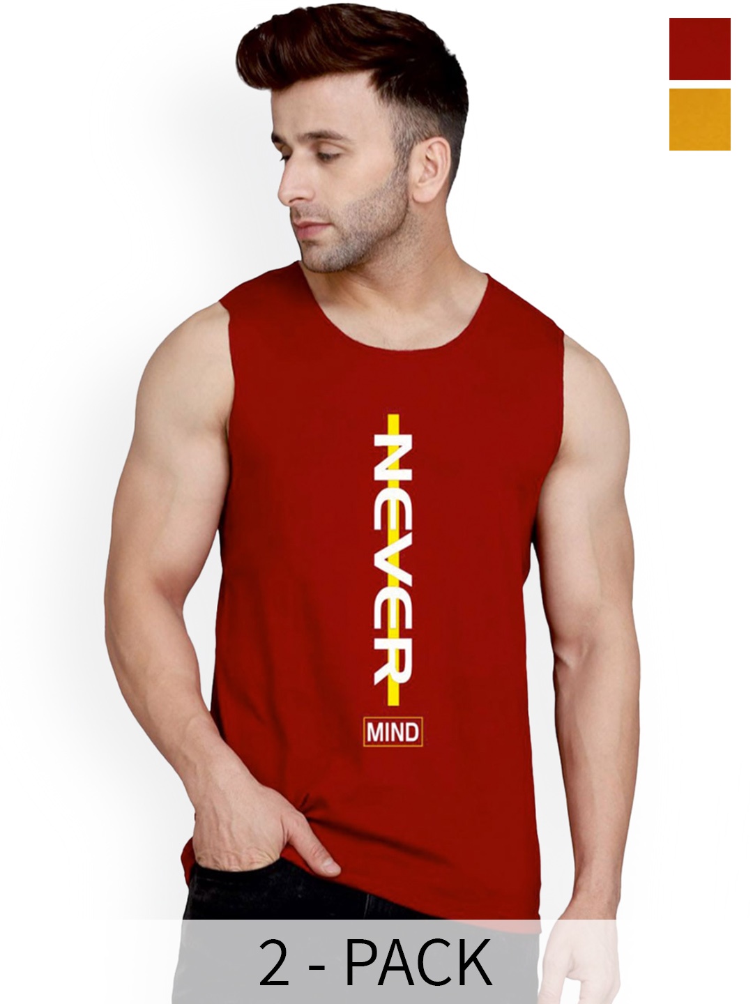

SLOWLORIS Pack Of 2 Typography Printed Cotton Vests, Mustard