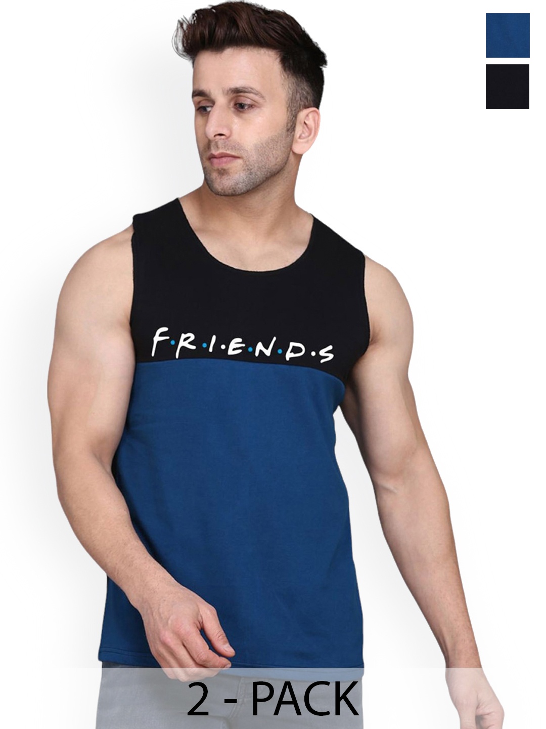 

SLOWLORIS Pack Of 2 Typography Printed Cotton Vests, Black