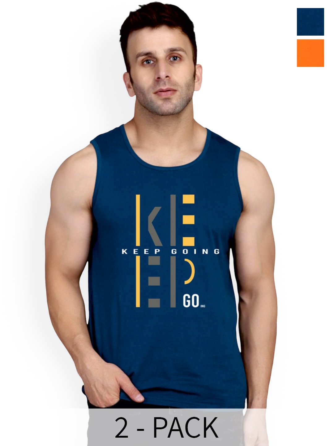 

SLOWLORIS Pack Of 2 Typography Printed Cotton Vests, Navy blue