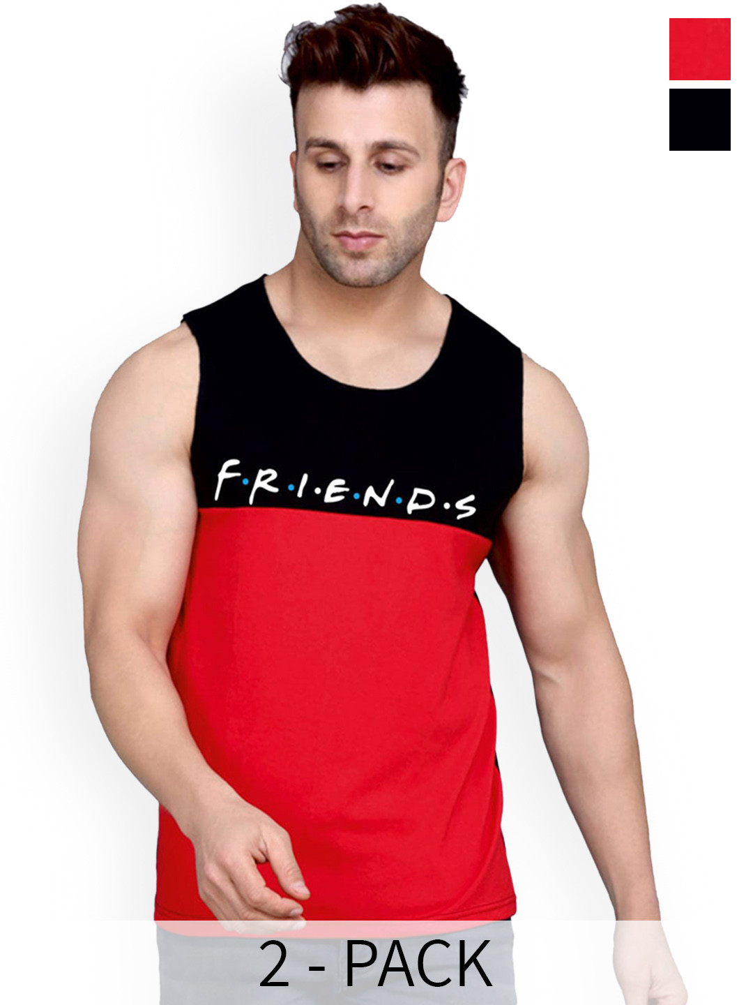 

SLOWLORIS Pack Of 2 Printed Sleeveless Cotton Bio-Wash Gym Innerwear Vests, Black