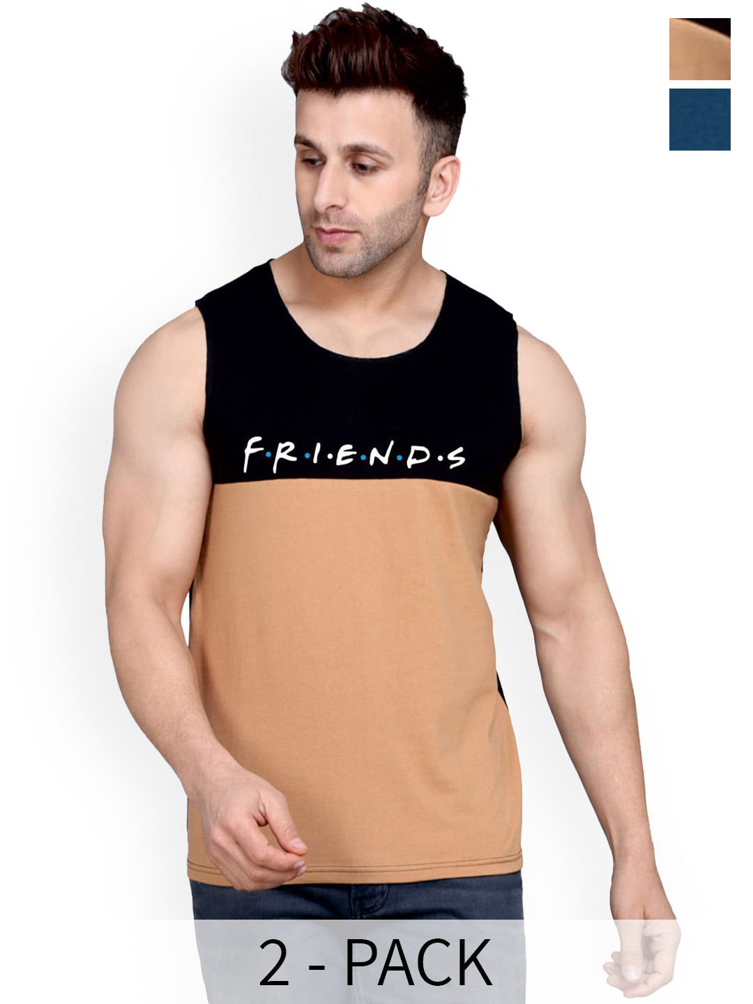 

SLOWLORIS Pack Of 2 Printed Bio-Wash Pure Cotton Innerwear Vests, Navy blue