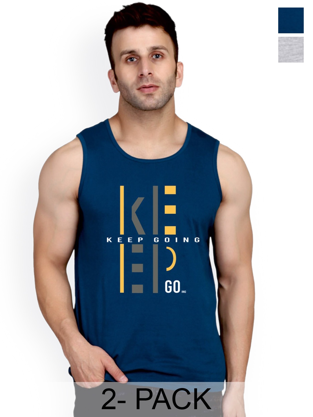 

SLOWLORIS Pack Of 2 Typography Printed Cotton Vests, Navy blue