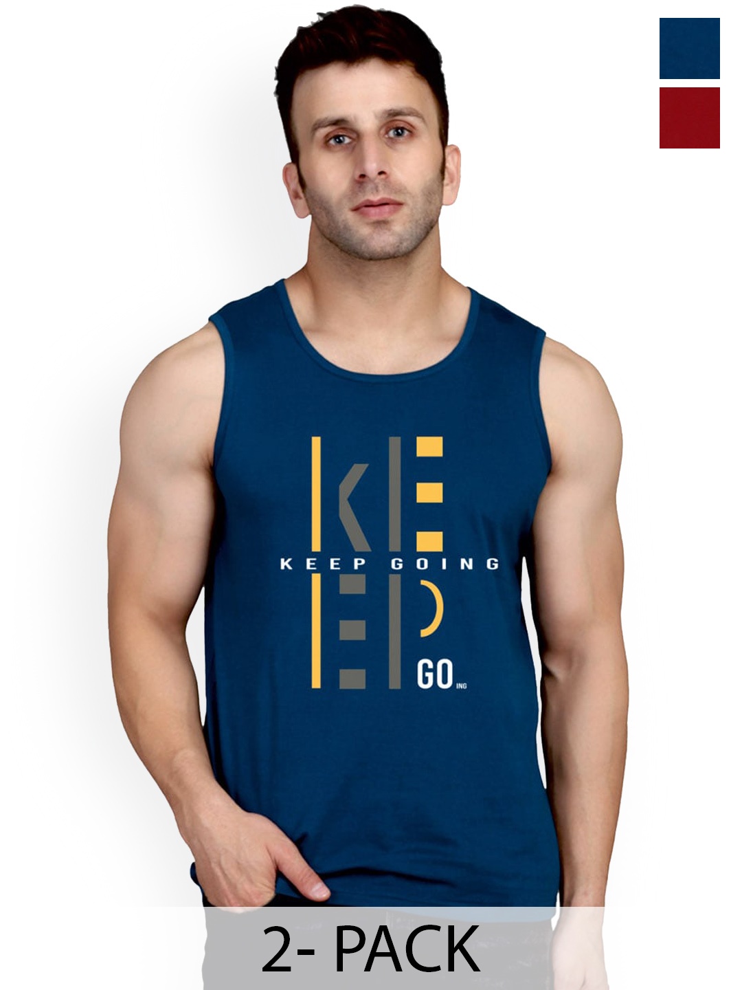 

SLOWLORIS Pack Of 2 Cotton Bio-Washed Gym Vests- SL26 ( PEACOCK KEEP ) ( MAROON NVR ), Navy blue
