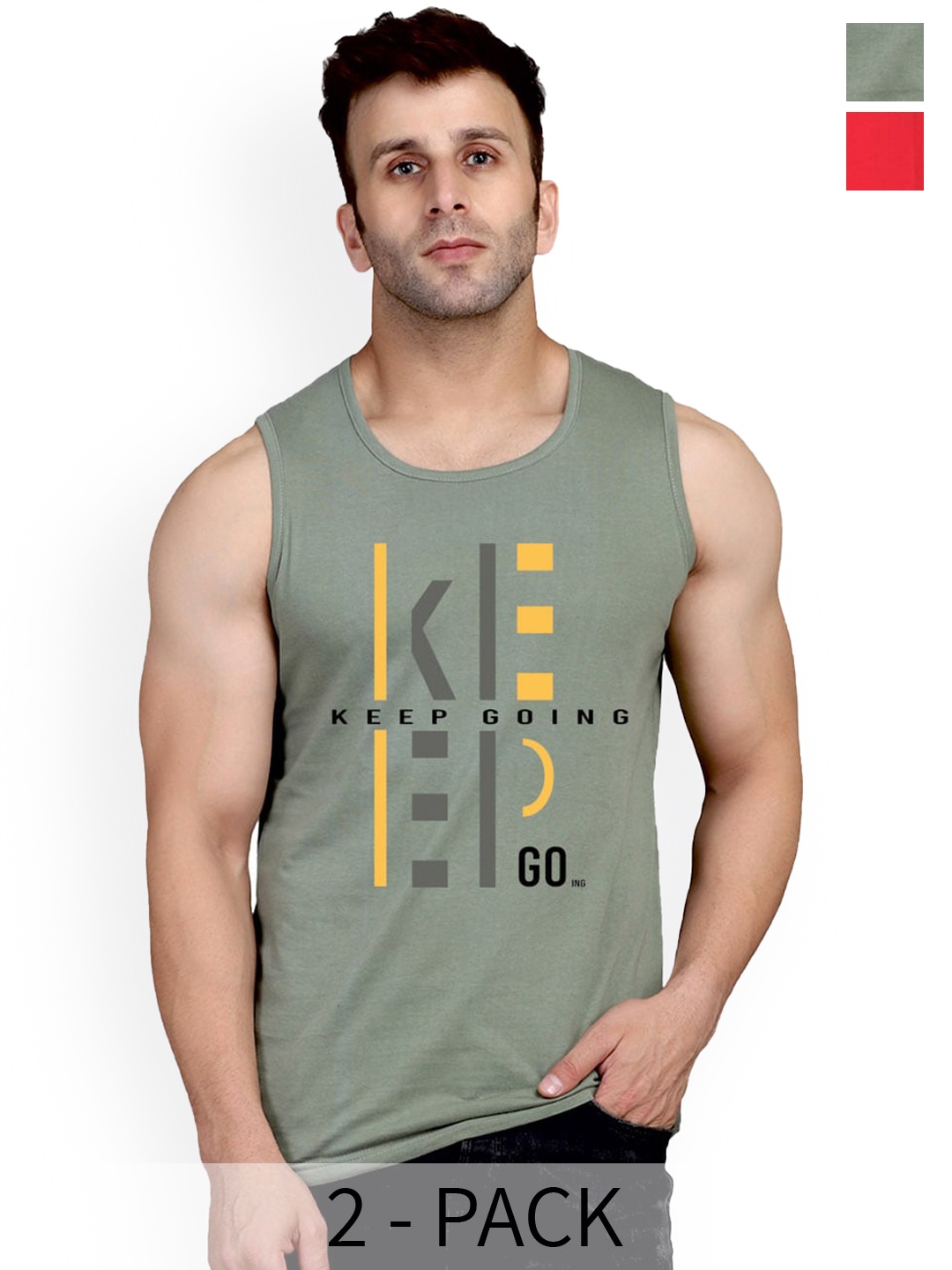 

SLOWLORIS Pack Of 2 Typography Printed Cotton Vests, Green
