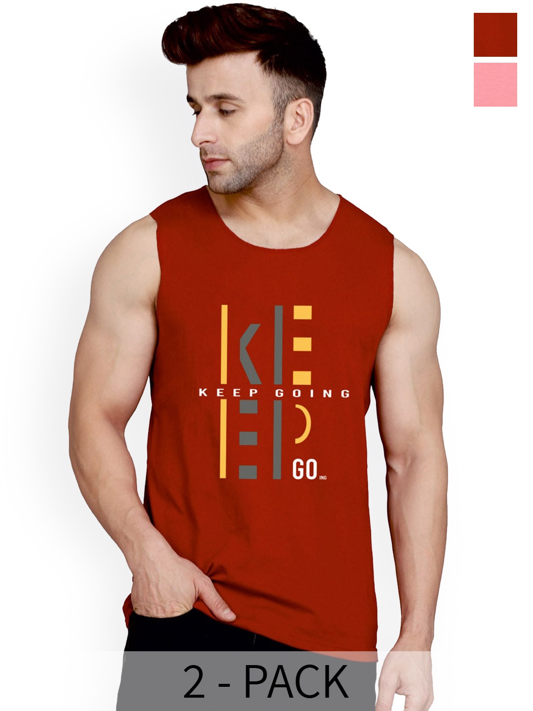 

SLOWLORIS Pack Of 2 Printed Cotton Breathable Bio-Wash Gym Vests, Maroon