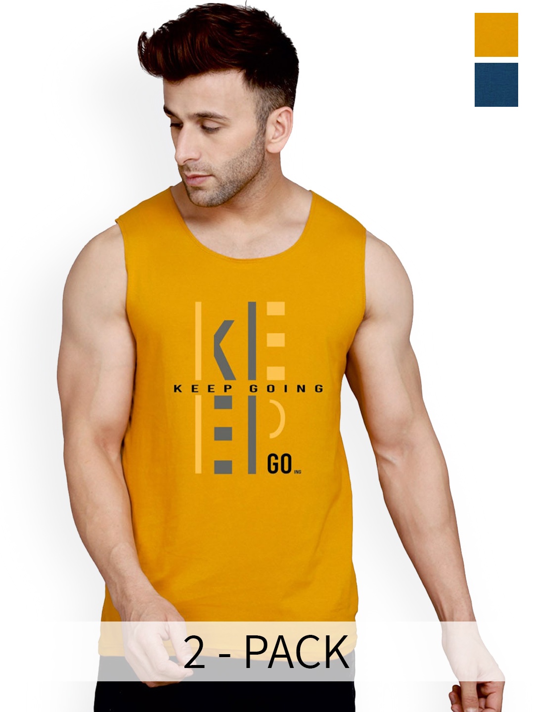 

SLOWLORIS Pack Of 2 Typography Printed Cotton Vests, Mustard