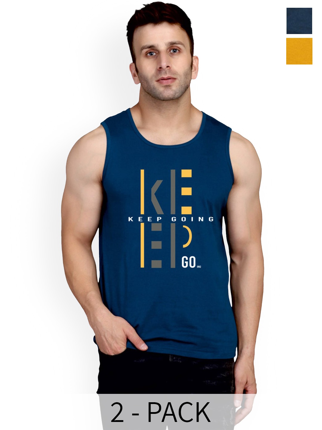 

SLOWLORIS Pack Of 2 Typography Printed Cotton Vests, Navy blue