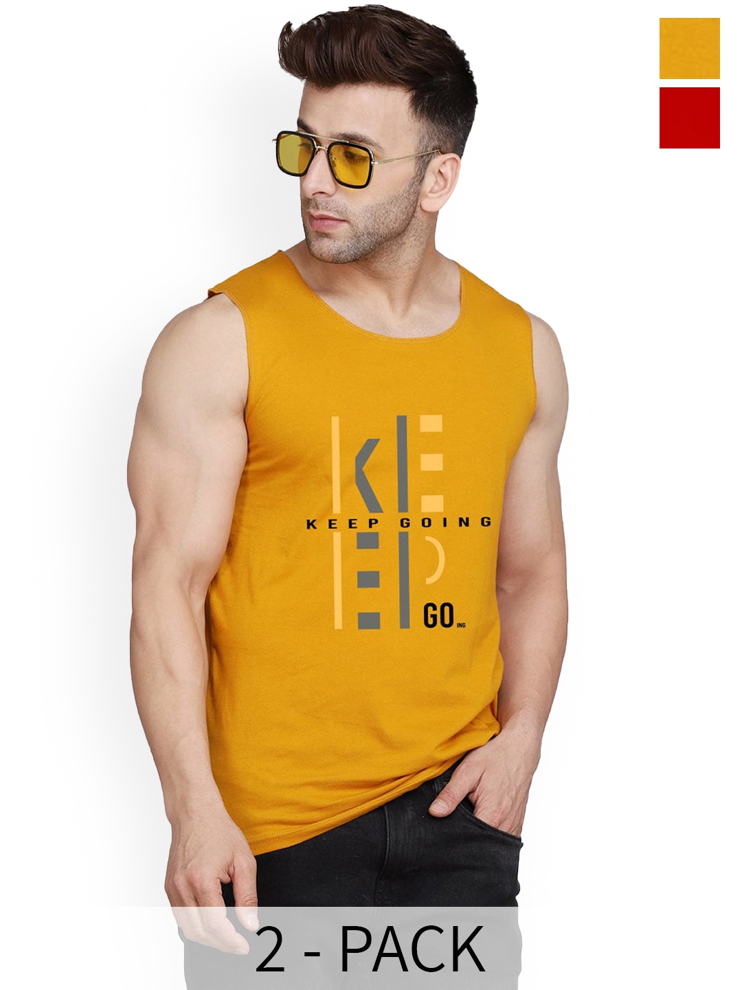 

SLOWLORIS Pack Of 2 Typography Printed Cotton Vests, Mustard