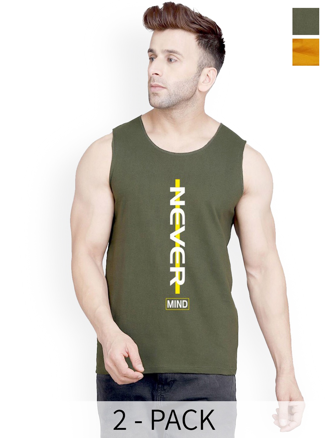 

SLOWLORIS Pack Of 2 Printed Cotton Innerwear Vests- SL26 ( MUSTARD KEEP ) ( OLIVE NVR )