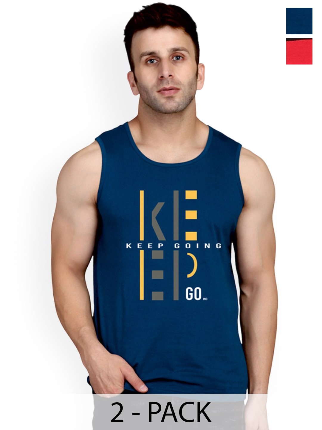 

SLOWLORIS Pack Of 2 Printed Bio-Wash Pure Cotton Innerwear Vests, Navy blue
