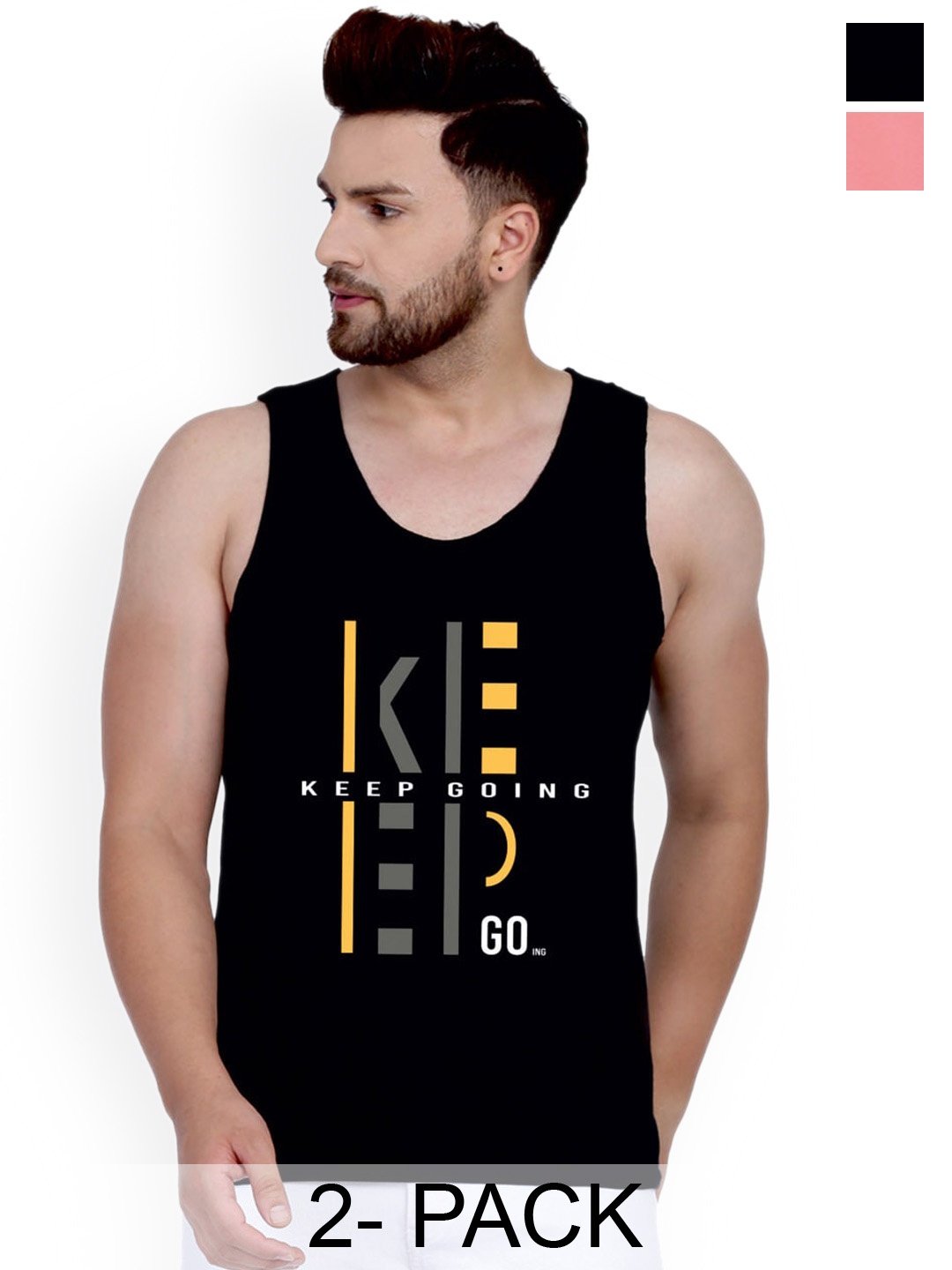 

SLOWLORIS Pack Of 2 Typography Printed Cotton Vests, Black