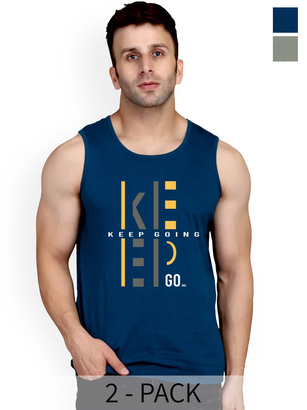 

SLOWLORIS Pack Of 2 Cotton Bio-Washed Gym Vests SL26 ( PEACOCK KEEP ) ( LGTGREEN NVR ), Navy blue