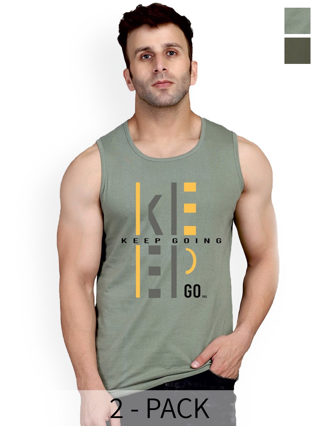 

SLOWLORIS Pack Of 2 Typography Printed Cotton Vests, Green