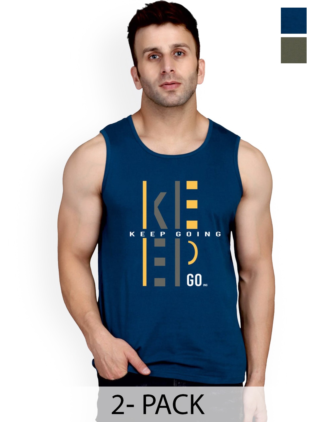 

SLOWLORIS Pack Of 2 Cotton Bio-Washed Gym Vests - SL26 ( PEACOCK KEEP ) ( OLIVE NVR ), Navy blue
