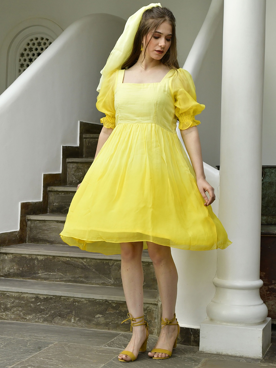 

Lirose Square Neck Puff Sleeve Gathered Cotton Fit & Flare Dress, Yellow