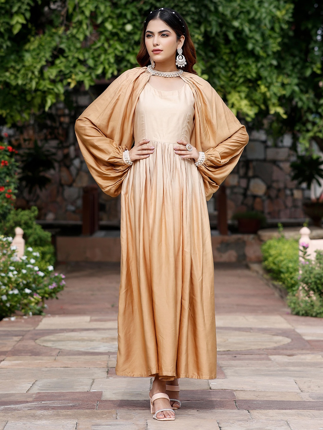 

Lirose Ombre Round Neck Flared Sleeve Modal Maxi Dress, Brown