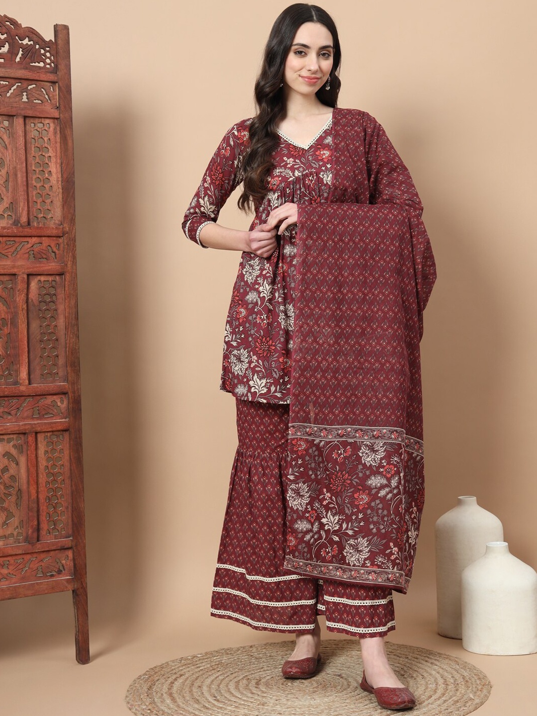 

Yufta Floral Printed V-Neck Pure Cotton Empire A-Line Kurti With Sharara & Dupatta, Maroon