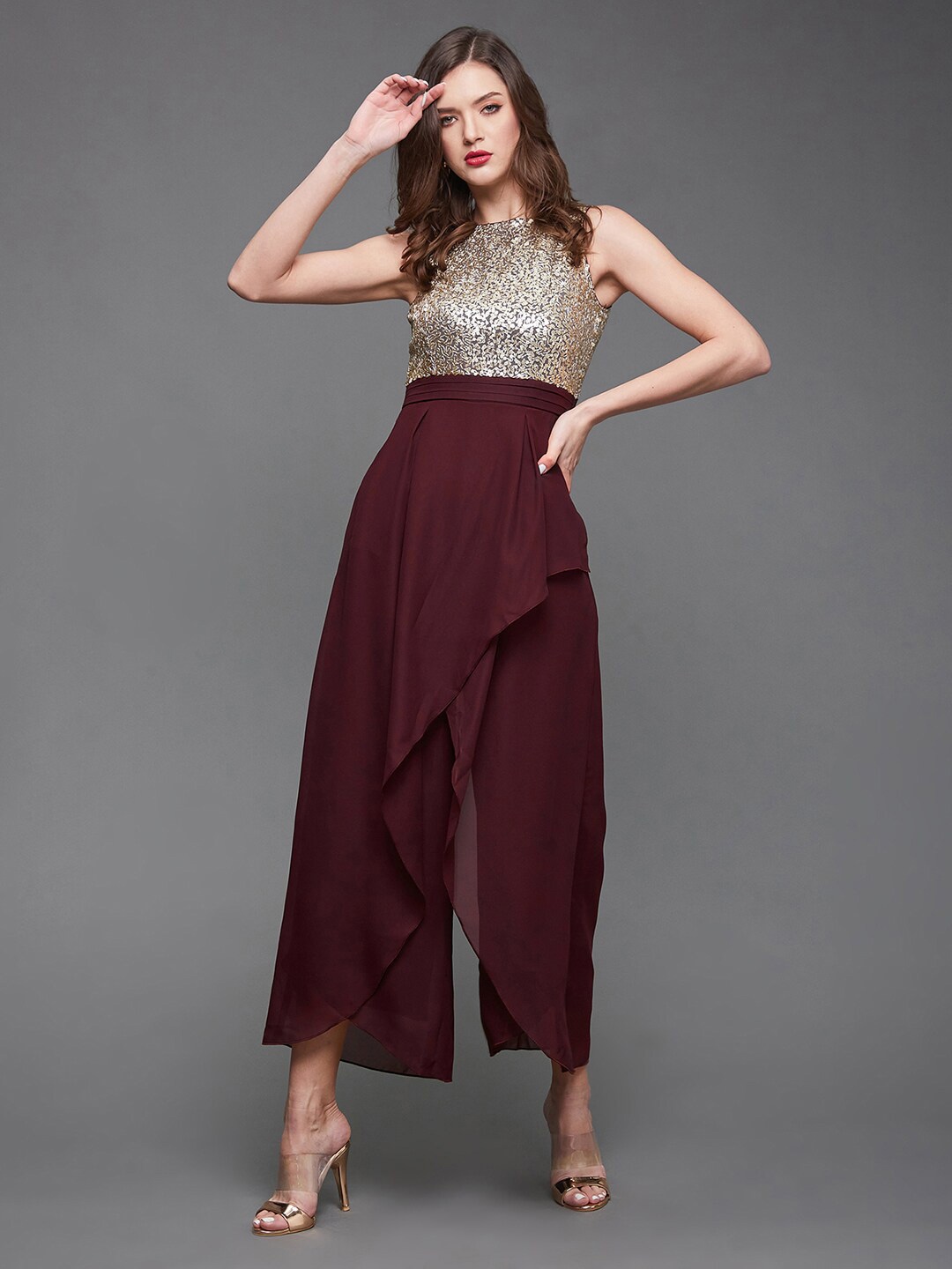 

Miss Chase Embellished Ruffles Sleeveless Basic Jumpsuit, Maroon
