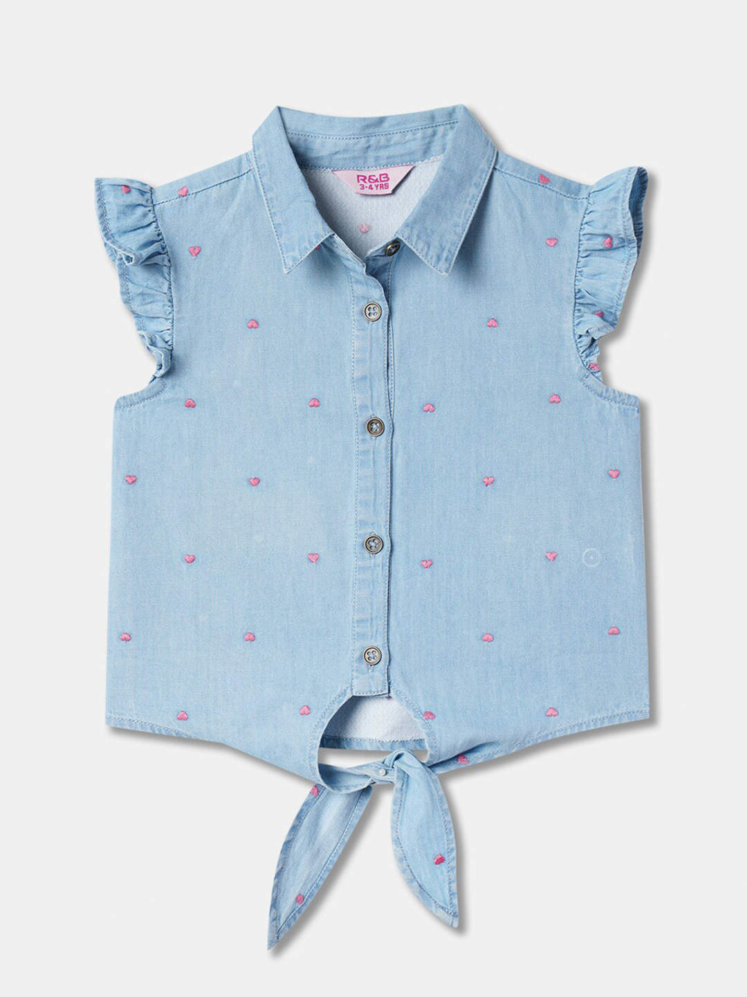 

R&B Girls Conversational Embroidered Shirt Collar Flutter Sleeves Cotton Shirt Style Top, Blue