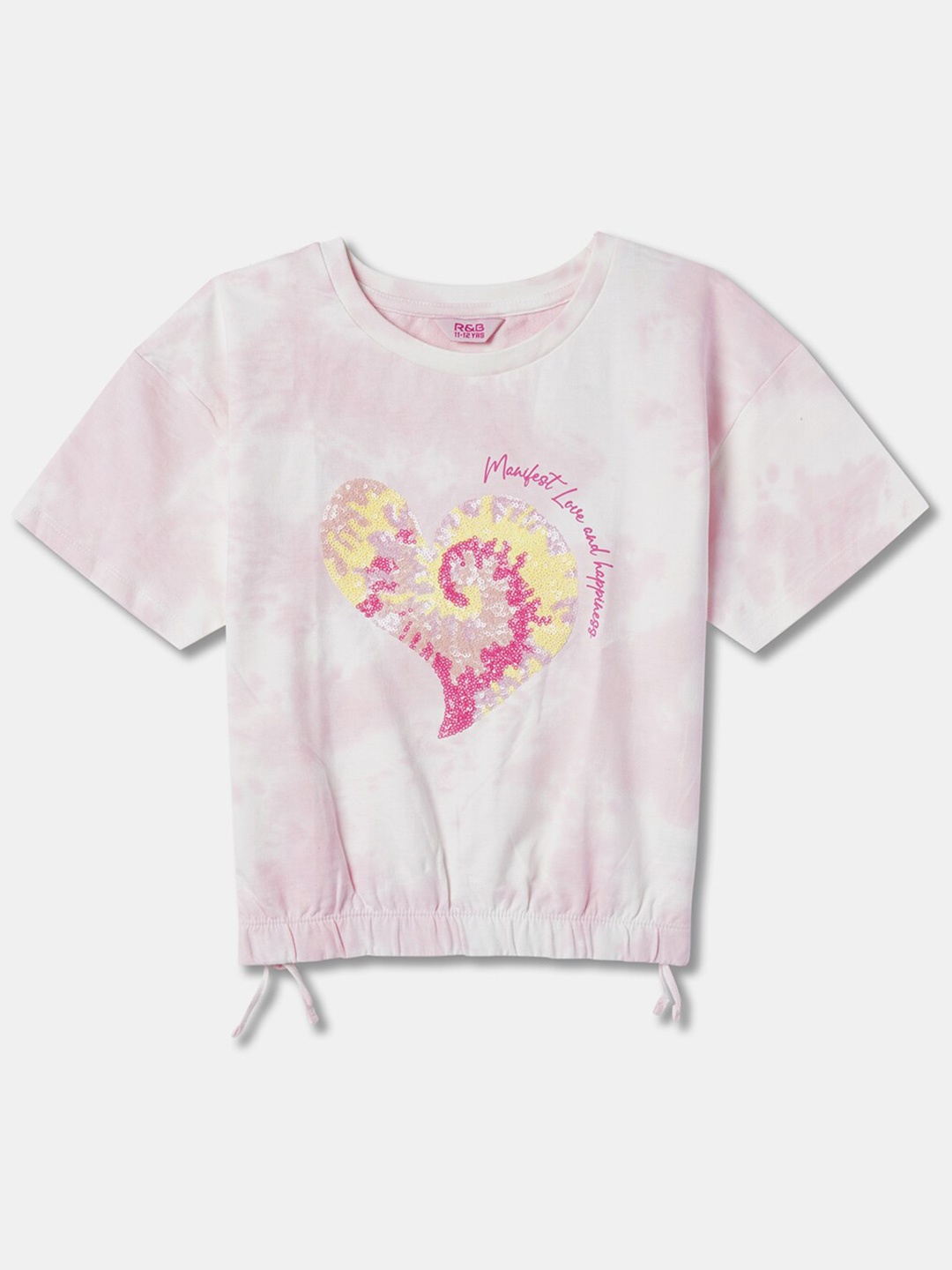 

R&B Girls Graphic Self Design Round Neck Sequinned Cotton Top, White