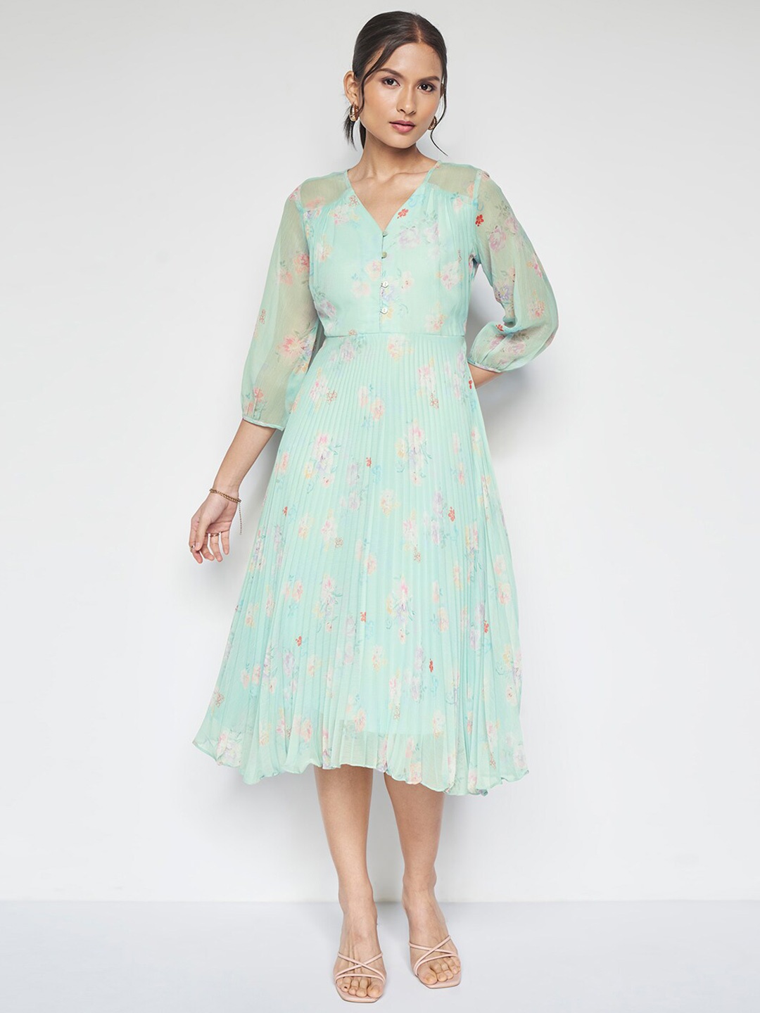 

AND Floral Printed V-Neck Accordion Pleated Puff Sleeves Maxi Fit & Flare Dress, Sea green