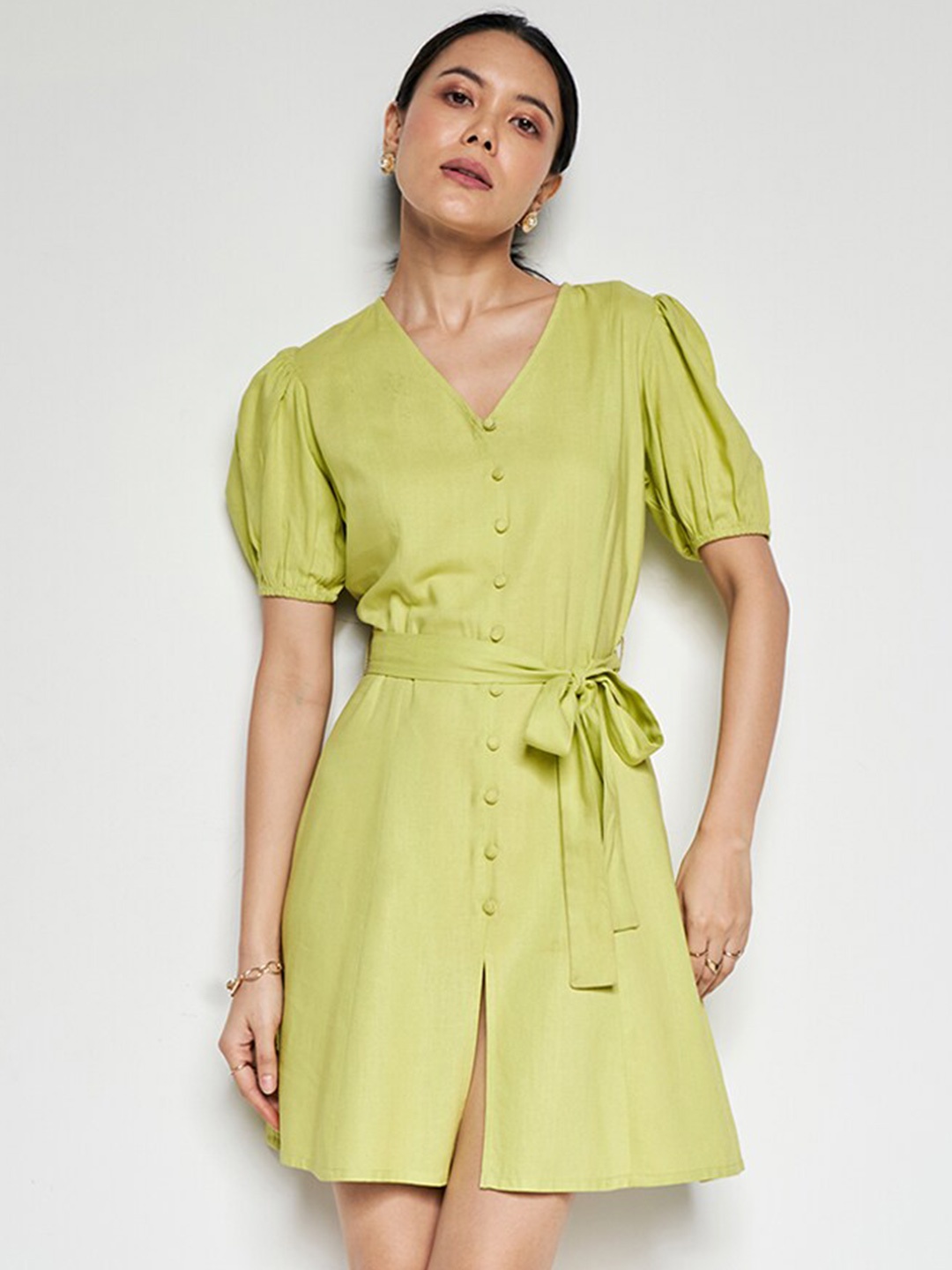 

AND Puff Sleeves V-Neck Belted Linen A-Line Dress, Green