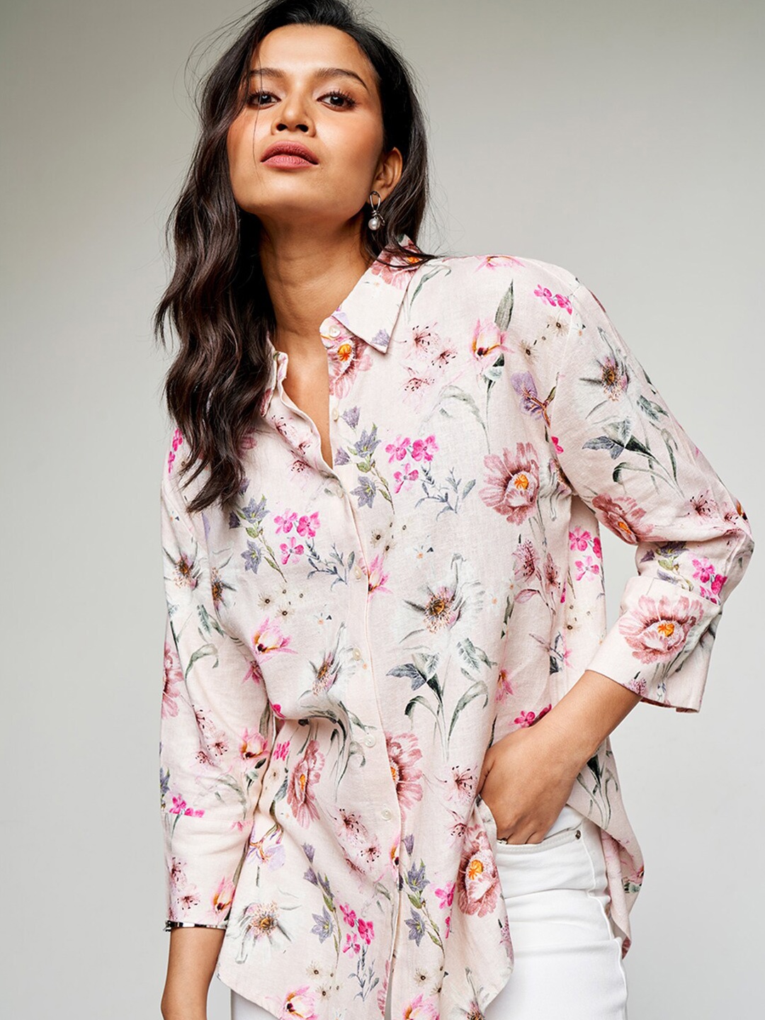 

AND Floral Print Shirt Collar Linen Opaque Casual Shirt Style Top, Cream
