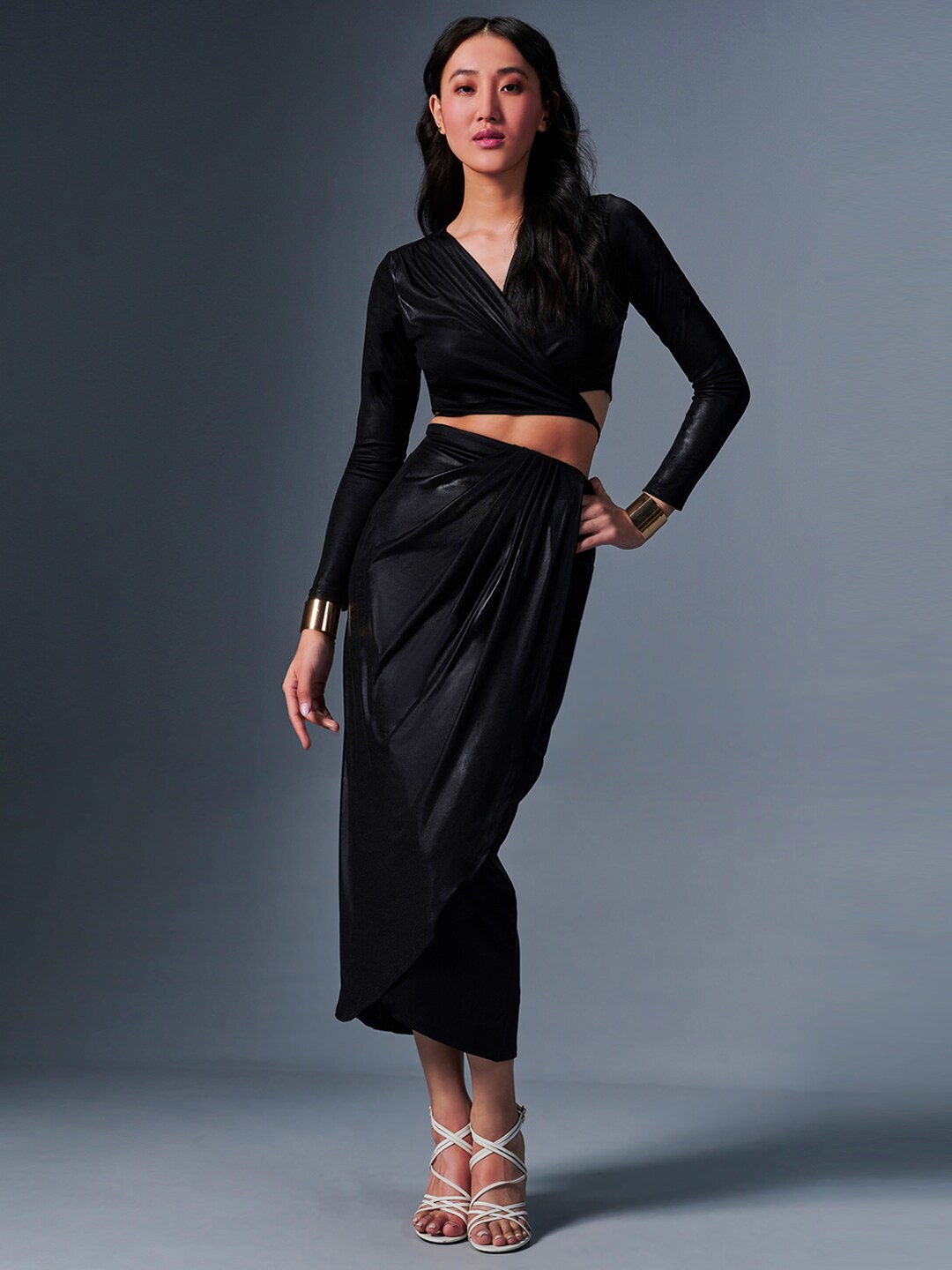 

AND V-Neck Wrap Crop Top With Skirt, Black