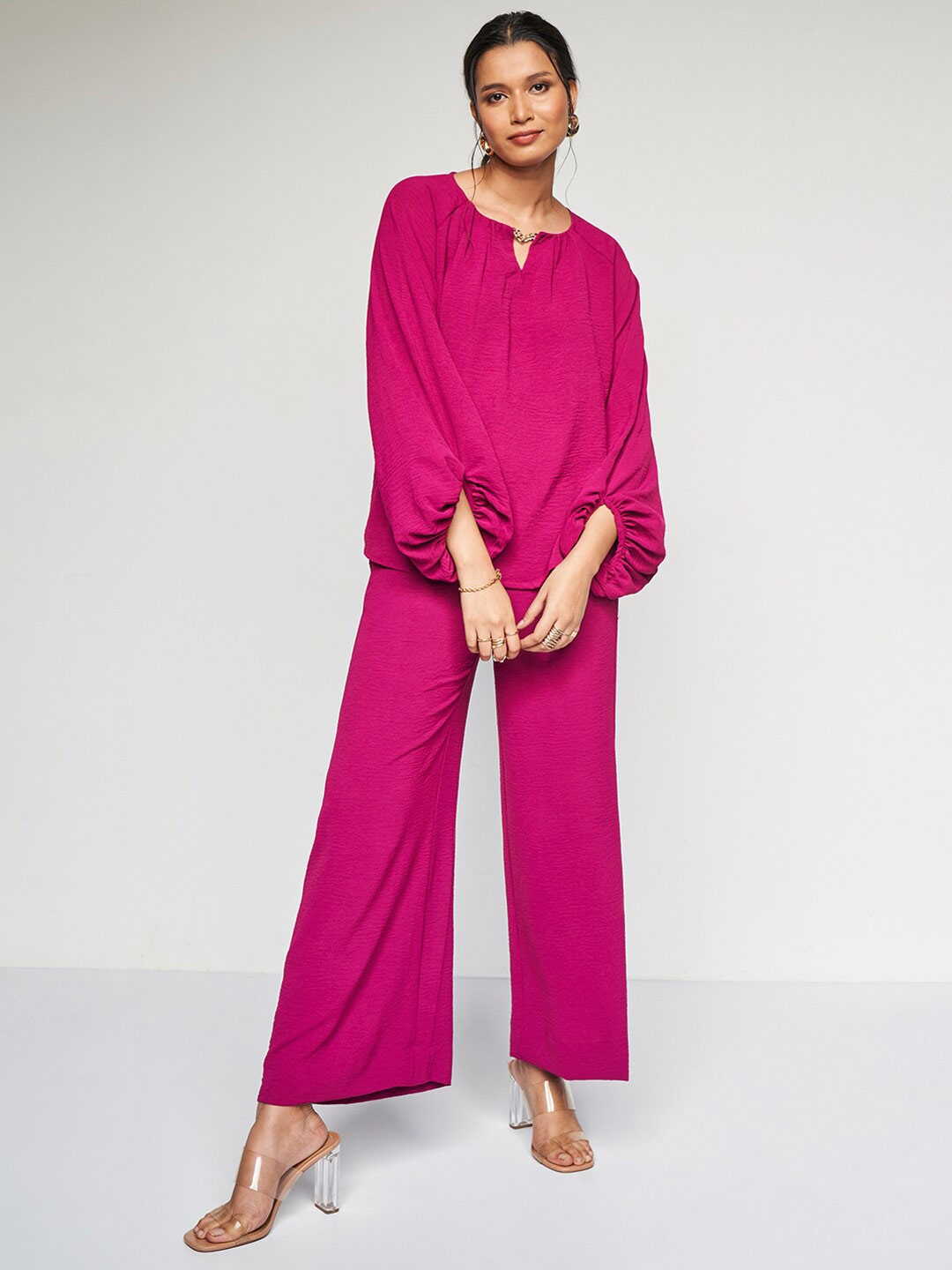 

AND Round Neck Long Sleeves Top & Palazzos, Magenta