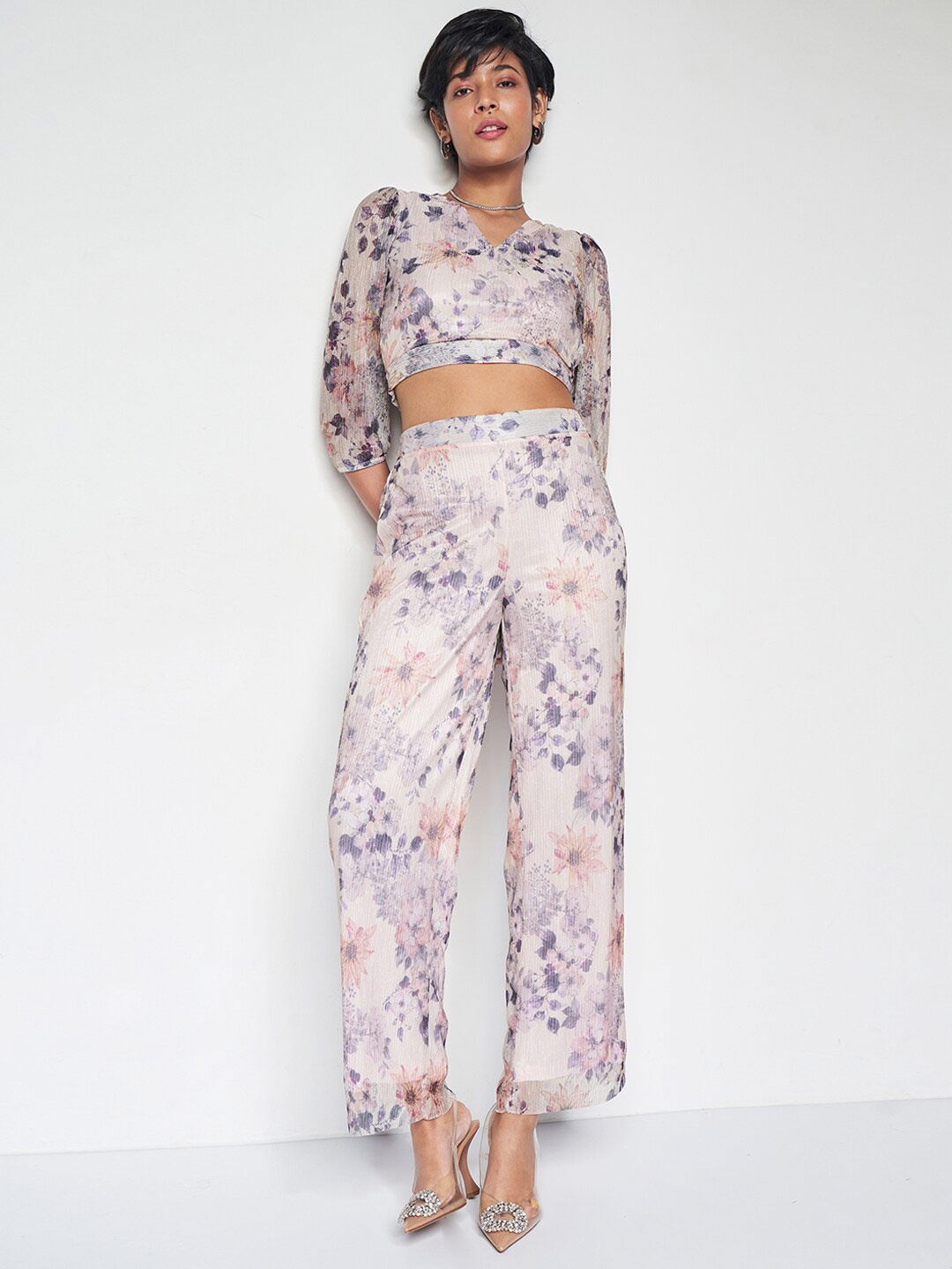 

AND Floral Printed V-Neck Top with Trousers, Beige